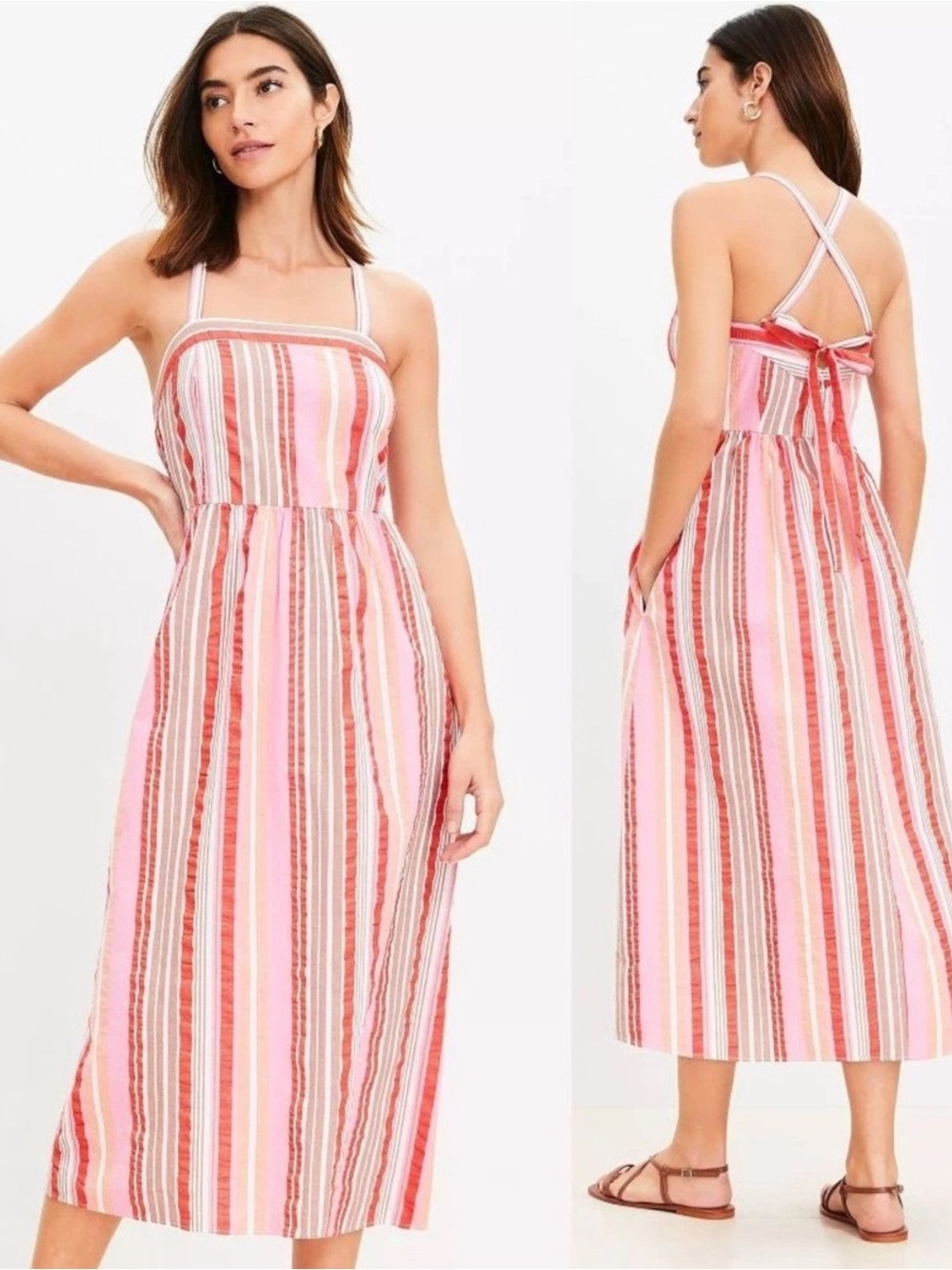 LOFT NWT Striped Pink/Red/Orange Midi Sundress with Tie-Back